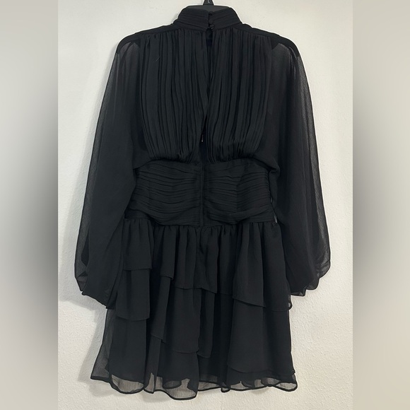 NWT Express Black Mock Neck Long Sleeve Pleated Waist Tiered Ruffle Mini Dress - Picture 4 of 16